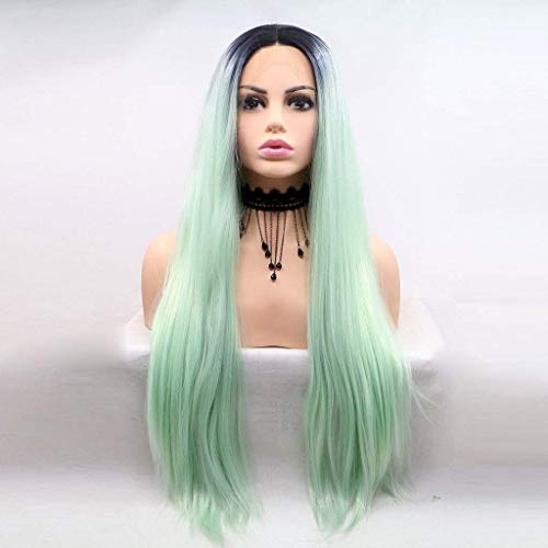 LINLINCD-Ombre Green Lange Lace Front Perücken Two Tone Farbe Gerade Hitzebeständige Naturhaarperücken Grün Synthetik für Frauen Handgebunden 24 Zoll