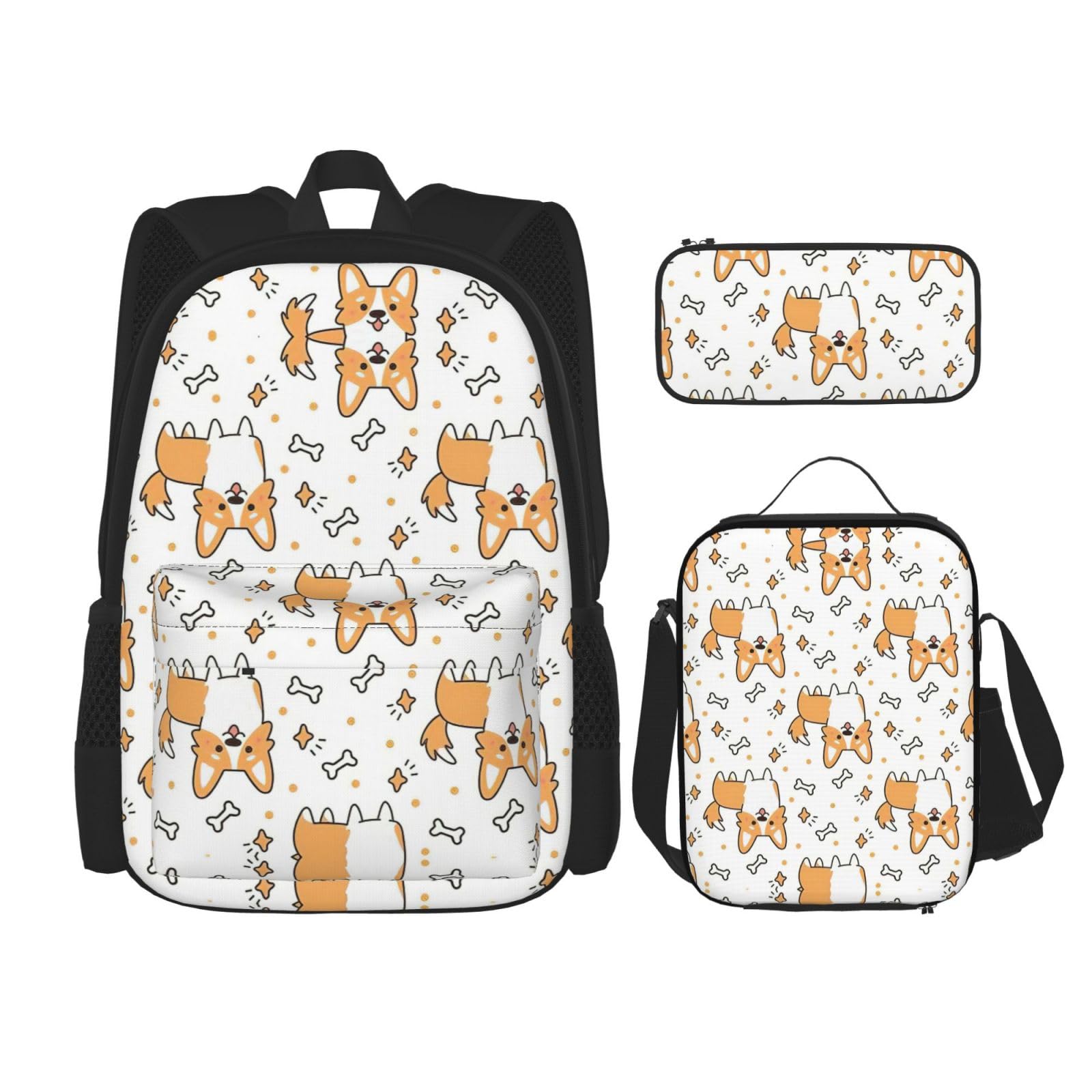 WURTON Rucksack mit Hunde-Aufdruck, für Mädchen und Jungen, Schultasche, Lunchbox, 3-in-1, Büchertaschen-Set