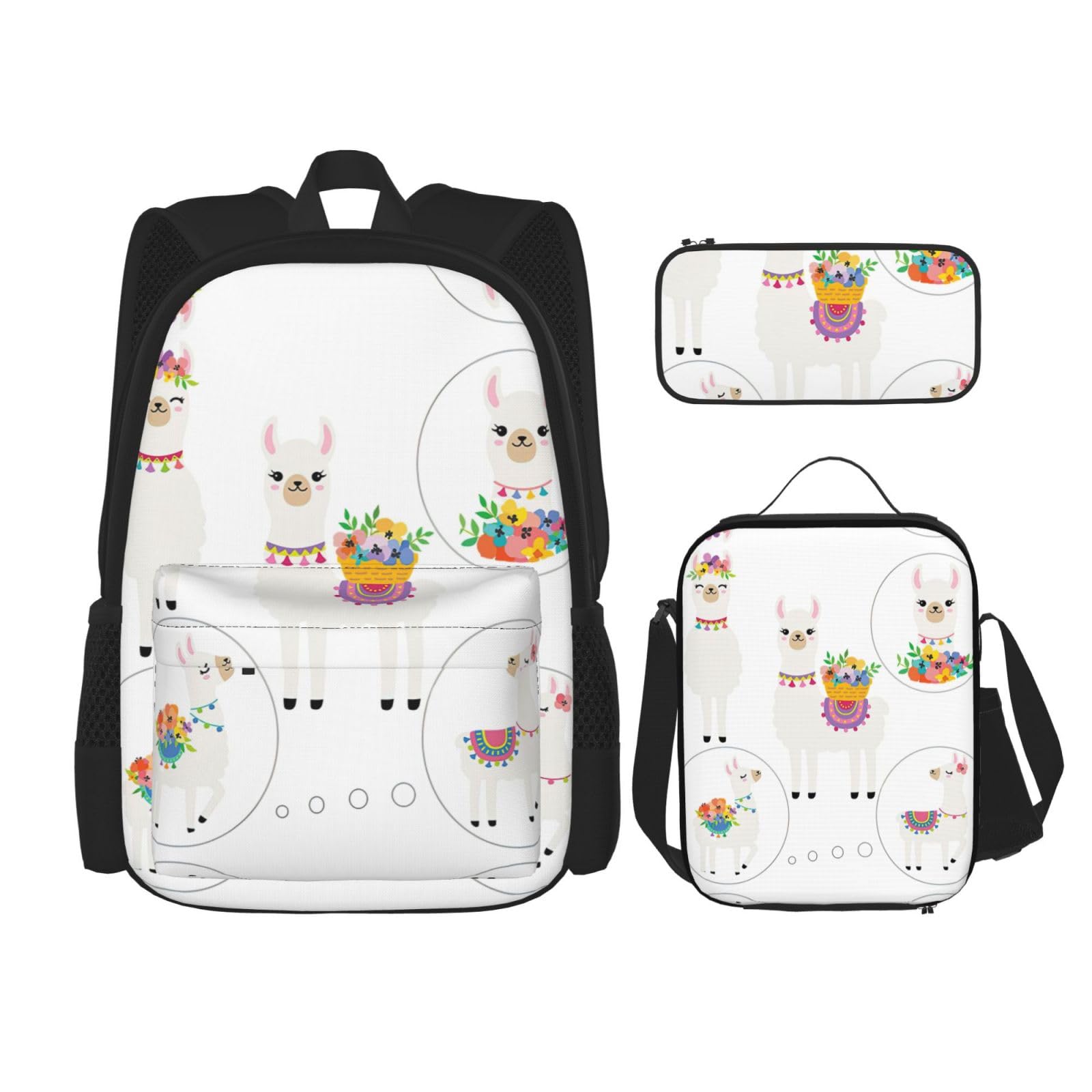 WURTON 3-in-1 Büchertaschen-Set, verstellbarer Schulterrucksack, Lunchtasche, Federmäppchen, Tasche, Box, Schwarz, Einheitsgröße