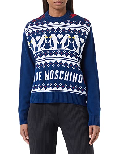 Love Moschino Women's Regular fit Long-Sleeved Roundneck with Allover Love Hearts Penguins Jacquard Intarsia Front and Back Pullover Sweater, Blue, 48