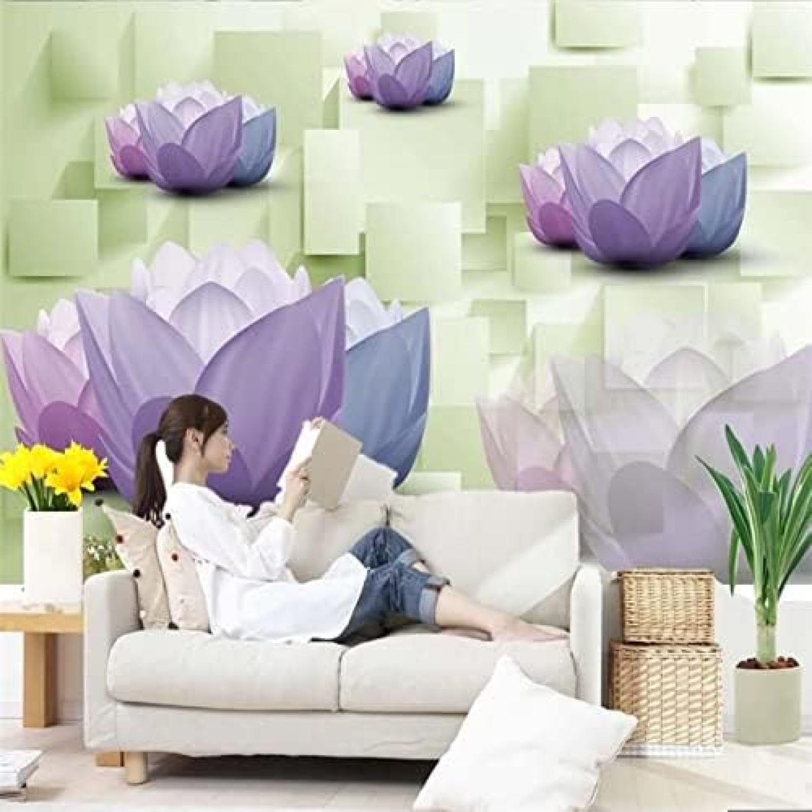 XLMING Lila Blume Lotus 3D Tapete Wohnzimmer Sofa Schlafzimmer Esszimmer Home Dekoration Wand-430cm×300cm