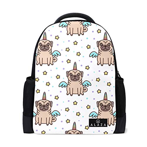 Rucksack mit niedlichem Einhorn, Mops, 35,6 cm (14 Zoll) Laptop-Tagesrucksack, für Reisen, Schule, Schule Unicorn Pug One Size