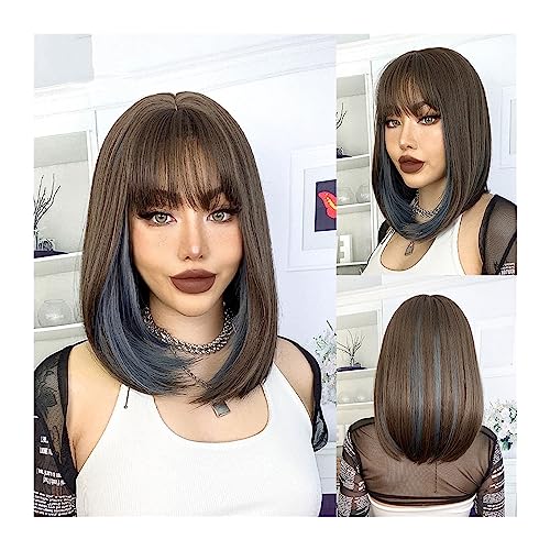 Perücken Braune Ombre-blaue kurze Bob-Haar-Perücke mit Pony, synthetische Perücken for Frauen, Lolita, Cosplay, tägliche natürliche hitzebeständige Faserhaare Frauen Perücke