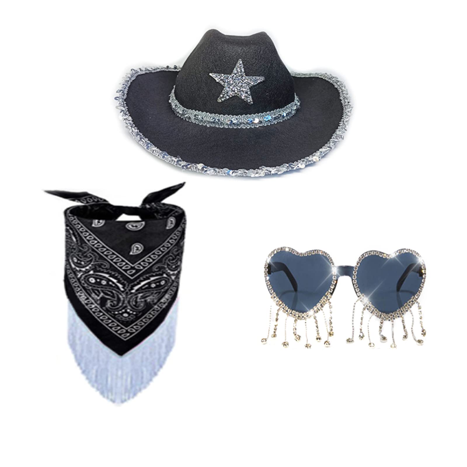 SANRLO Cowgirl-Hut, Cowboyhut, Brille, BandanaSet, Brautparty, Hut, Cowgirl-Brille, Junggesellinnenabschied, Bandana, Partyhut