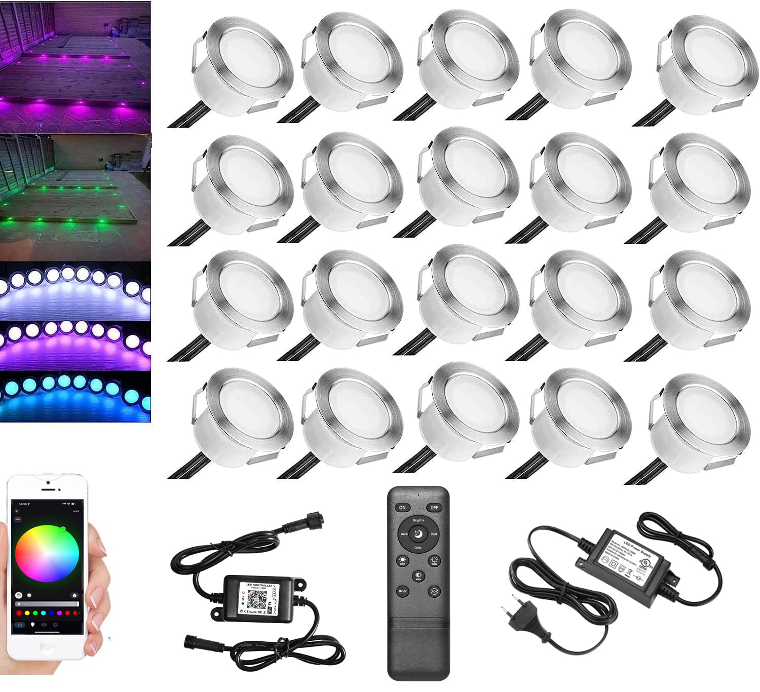 20er RGB LED Bodeneinbauleuchten Aussen WIFI DC12V Ø45mm IP67 Wasserdicht Einbauspots LED Terrasse Einbaustrahler Bodeneinbaustrahler Kit Arbeitet mit Alexa,Google Home