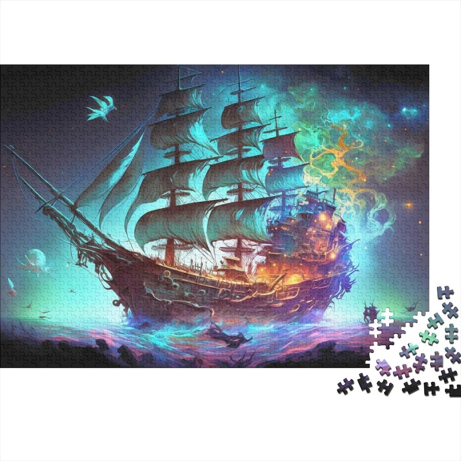 Kunstpuzzle für Erwachsene, 1000 Teile, Segel-Piratenschiff, Holzpuzzle für Teenager, Lernspiele, Heimdekorationspuzzle. (Größe 75x50cm)