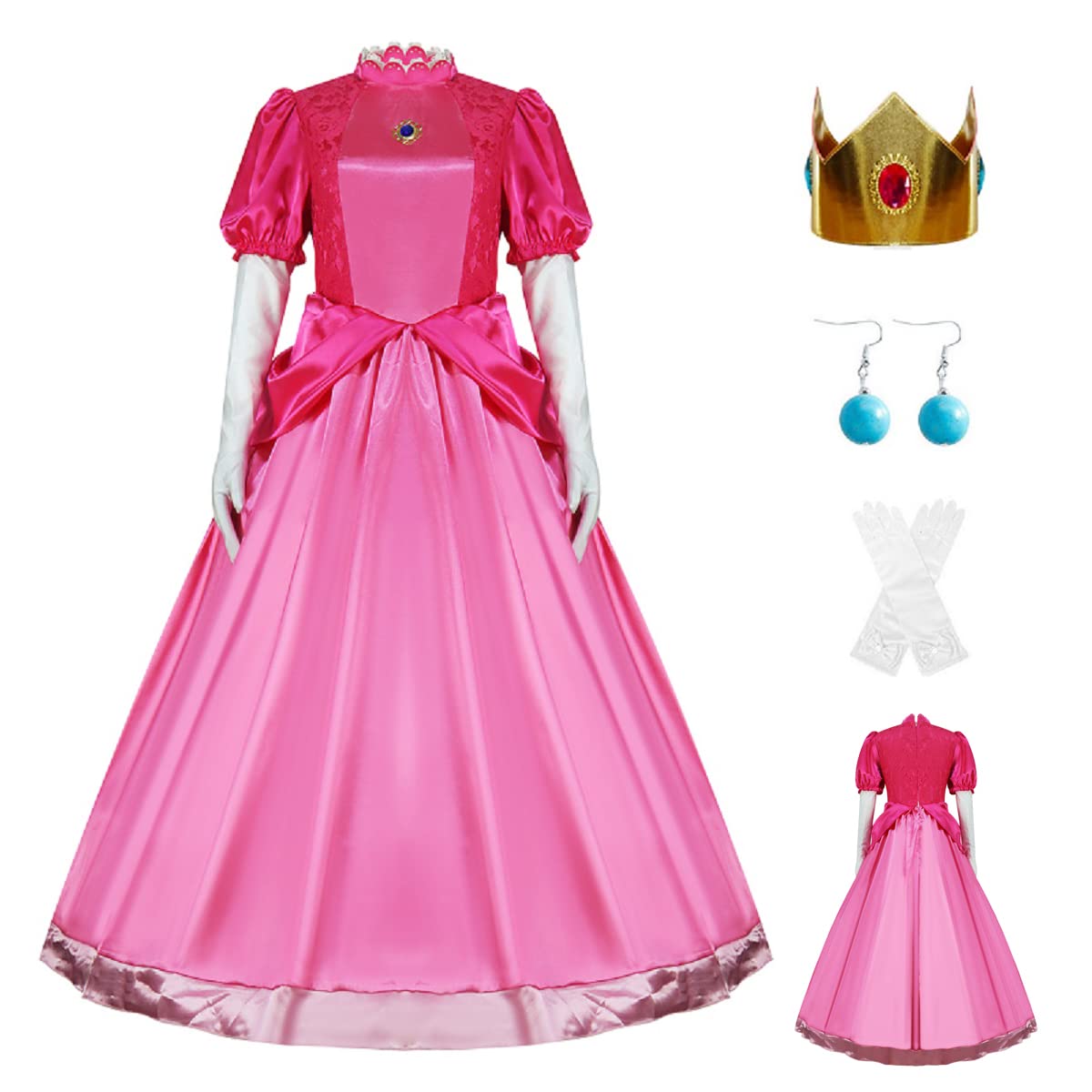 AYYOHON Prinzessin Pfirsich-Kostüm für Damen, 2023, Superbrüder, Cosplay, Kleid, Krone, Ohrringe, Handschuhe, komplettes Set, Erwachsenen-Halloweenanzug, Größe XL