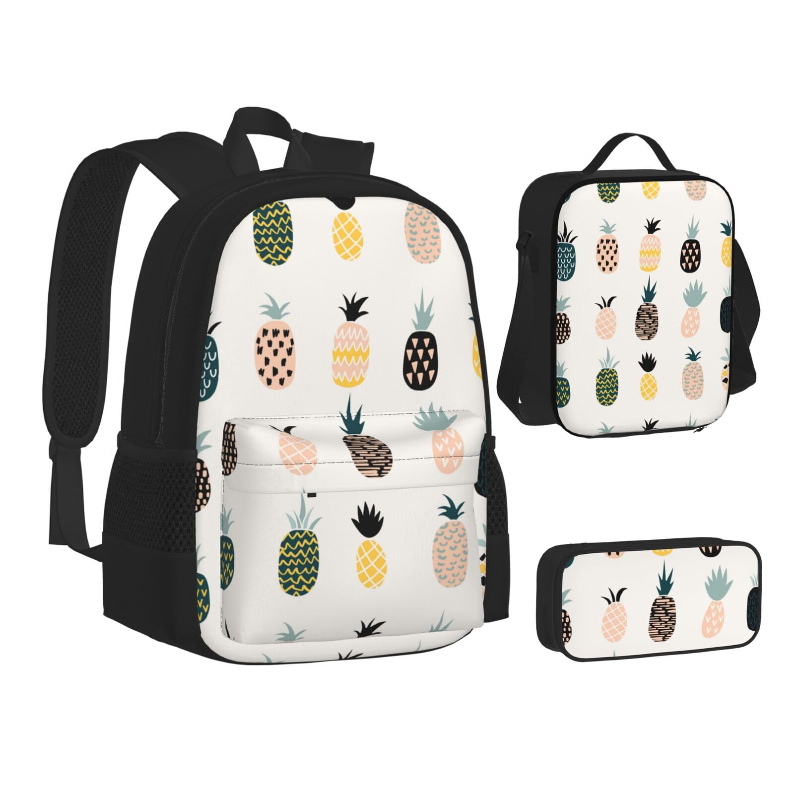 WURTON Lunchbox-Set mit Ananas-Druck, 3-in-1-Büchertasche und Federmäppchen, passende Kombination, Schwarz, Einheitsgröße