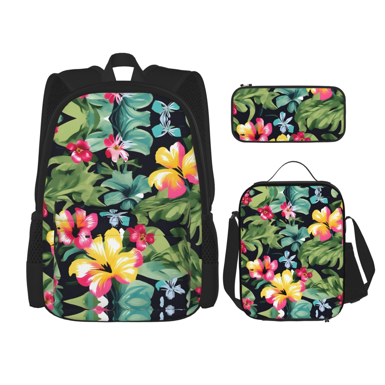 WURTON Hawaiianischer Blumendruck Reise Lunchbox Federmäppchen Rucksack Set 3 Stück Verstellbare Träger Leicht, Schwarz, Einheitsgröße