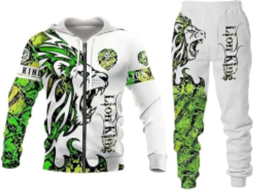 RIAAJ Herren Anzug Löwe Wolf 3D gedruckt Hoodie Hose Anzug Herren Herbst Freizeit Trainingsanzug Tiere (A3,2XL)