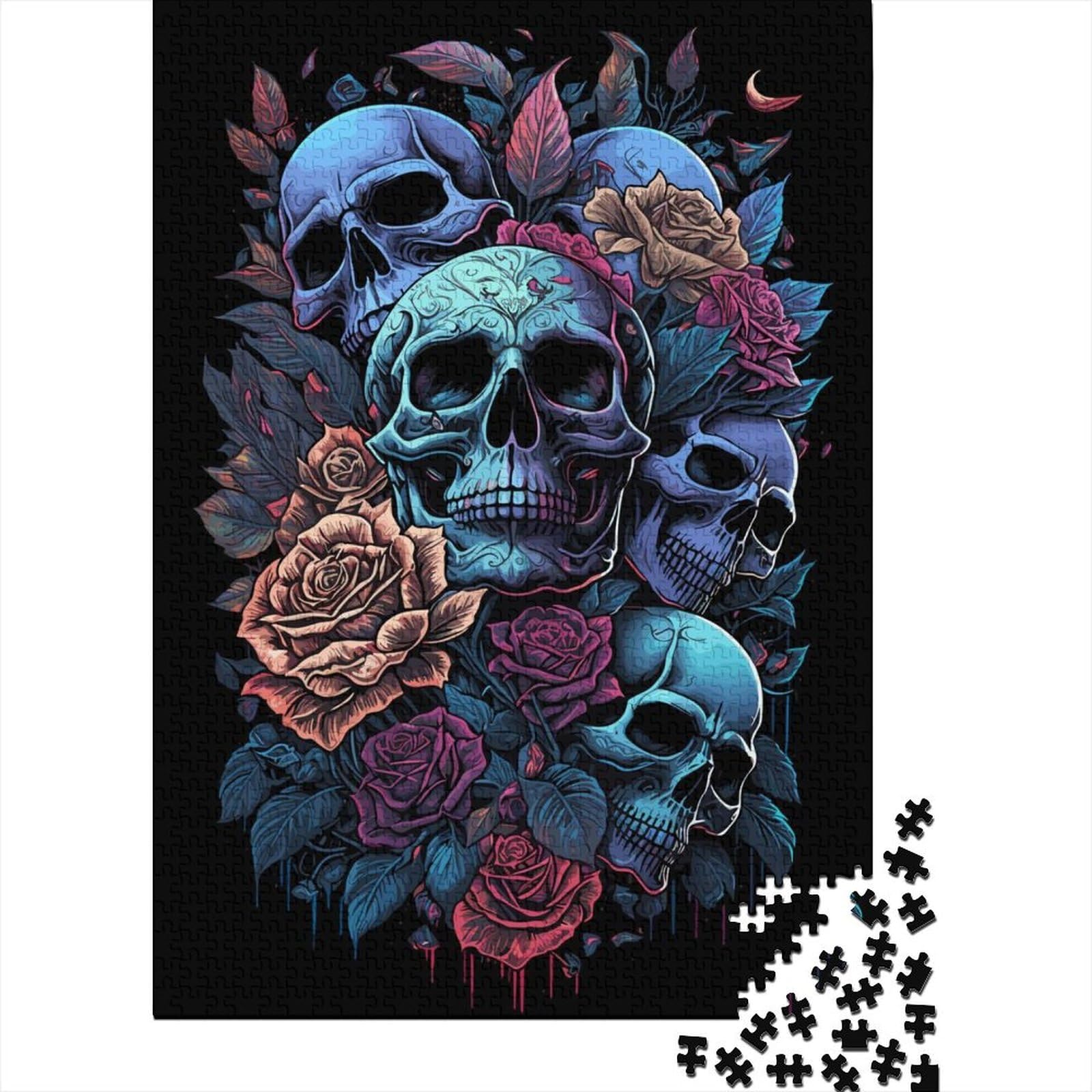 Totenkopf und Rosen, Totenkopf-Rosen-Puzzle für Erwachsene, 1000 Teile, Puzzle für Erwachsene Teenager, Puzzle für Erwachsene, Lernspiel, Herausforderungsspielzeug, 75 x 50 cm