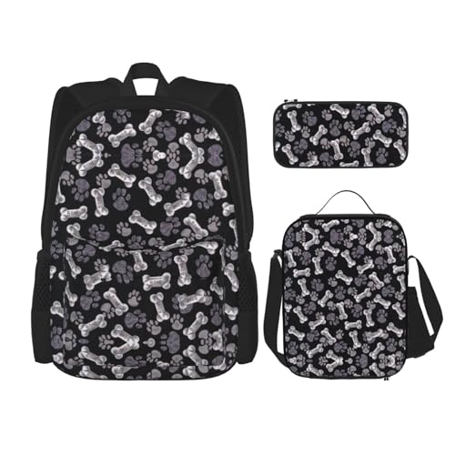 WURTON Rucksack mit Pfotenabdruck, 3-in-1-Büchertaschen-Set, Lunchbox, Federmäppchen, Reise-Laptop-Tagesrucksäcke, Schwarz, Einheitsgröße