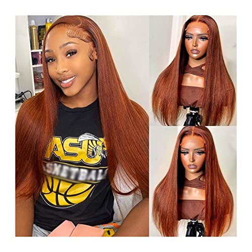 Perücken Langes glattes brasilianisches Remy-Haar Orange 13x4 HD-Spitzenfront-Perücken Echthaar 180% mittelbraune Schweizer Spitzenfront-Perücken for Frauen Damenperücke(Size:16inches)