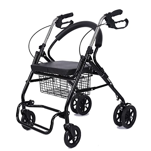 Mobilitäts-Walker für Senioren, Gehrollator mit 4 Rädern, aufrechter Lauflernwagen mit Armlehnenstütze und Sitz, Gehhilfen für Behinderte und ältere Menschen zum Einkaufen/Freizeitreisen, Schwarz, A