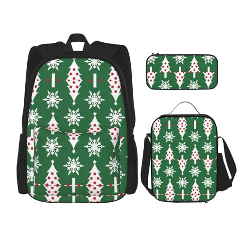 WURTON Schulrucksack-Set mit Weihnachtsbaum-Muster, 3-in-1, Büchertaschen-Set mit Lunchbox, Federmäppchen, Reise-Laptop-Tagesrucksäcke