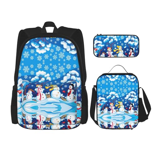 Schulrucksack-Set mit Winter-Schneemann-Druck, 3-in-1-Büchertaschen-Set mit Lunchbox, Federmäppchen, Reise-Laptop-Tagesrucksäcke