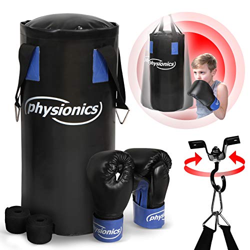 Kinder Boxsack-Set - mit Boxhandschuhen 8oz, Gefüllt, Ø25 cm, H55 cm, Gewicht 10kg, inkl. Karabinerhaken, für Junior Training - Sandsack, Kickboxen, MMA, Kampfsport, Muay Thai, Punching Bag