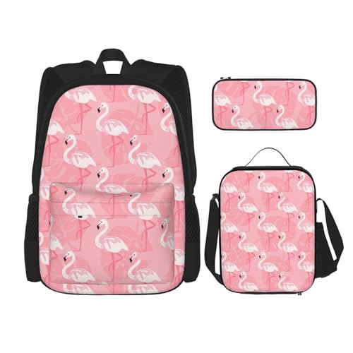 WURTON Summer Flamingo Palm Leaves Print Travel Lunch Box Pencil Case Backpack Set 3 Pieces Adjustable Straps Lightweight, Schwarz, Einheitsgröße