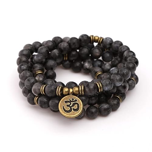 8mm Black Flash Stone Multi-Layer Wicklung Perlenarmband Buddha Yoga Prayer Lucky 108 Mala Armband für Herren Damen, Bronze Lotus