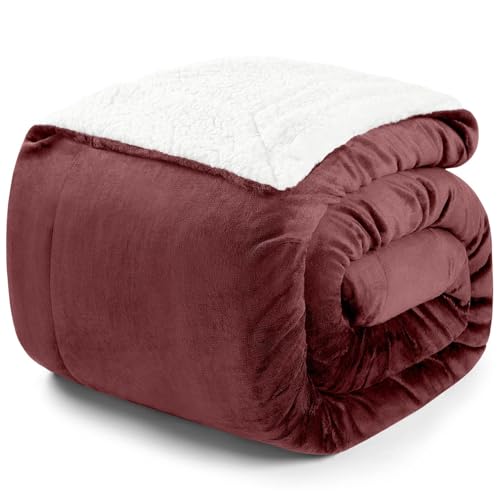 Blumtal Premium Sherpa Kuscheldecke 150 x 200 cm - warme Decke Oeko-TEX® zertifizierte Dicke Sofadecke, Tagesdecke oder Wohnzimmerdecke, Dunkelrot