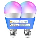 Smart Glühbirne Set 2 LED-Glühbirnen kompatibel mit HomeKit, Siri, Alexa, Google Home und SmartThings, E27 RGBWW Wi-Fi-Glühbirne, dimmbar, mehrfarbig, mit Sprachsteuerung und Fernbedienung