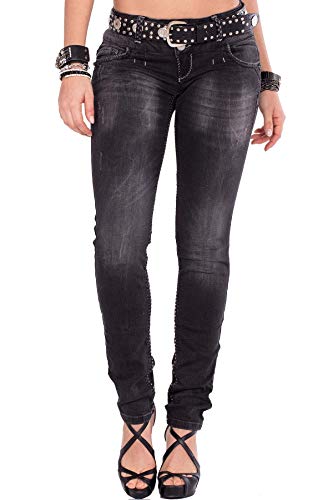 Cipo & Baxx Damen Jeans Hose Röhren Jeans Used 5 Pocket Klassich Modern Denim Hose W27 L32 Schwarz