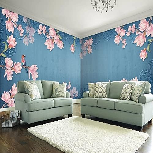 Vintage-Stil Baum Zweig Magnolia Vogel Blau Tv Wand 3D Tapeten Wanddekoration Fototapete Sofas Wohnzimmer Wandbild Schlafzimmer-400cm×280cm