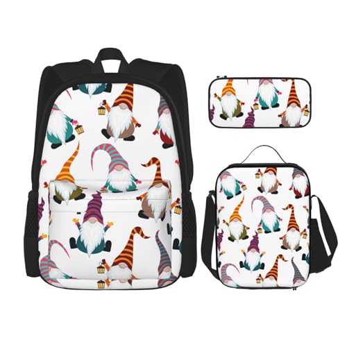 WURTON Lunchbox/Federmäppchen, Rucksack-Set mit lustigen Zwergen, 3-teilig, verstellbare Riemen, langlebig, leicht, Schwarz, One Size