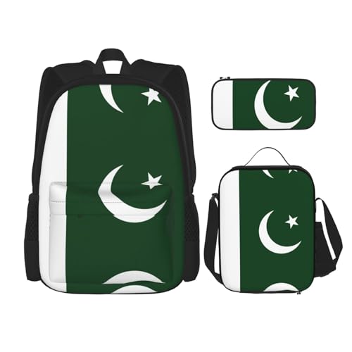 WURTON 3-in-1-Set mit pakistanischer Flagge, verstellbarer Schulter-Rucksack, Lunch-Tasche, Federmäppchen, Beutel, Schwarz, Einheitsgröße