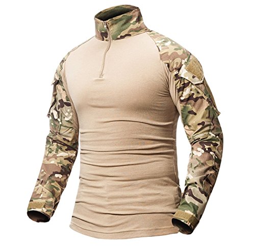 ShallGood Herren-Hemden, Kampf, Militär, Airsoft, BDU, Shirt, Outfit, Camouflage, Uniform, taktisch, schnell trocknend, mit Taschen, Ellbogenschützer, Langarm-Hemd, Multicam, C Khaki., M