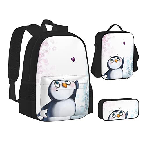 WURTON Rucksack-Lunchbox-Set mit Aufschrift "I Love Penguins", 3-in-1 Büchertasche und Federmäppchen, passende Kombination, Schwarz, Einheitsgröße