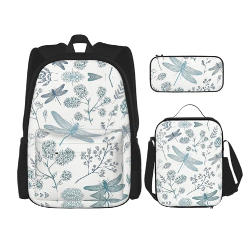 WURTON Rucksack mit Libellen-Blumendruck, für Mädchen und Jungen, Schultaschen, Teenager, Lunchbox und Federmäppchen, 3-in-1-Büchertaschen-Set