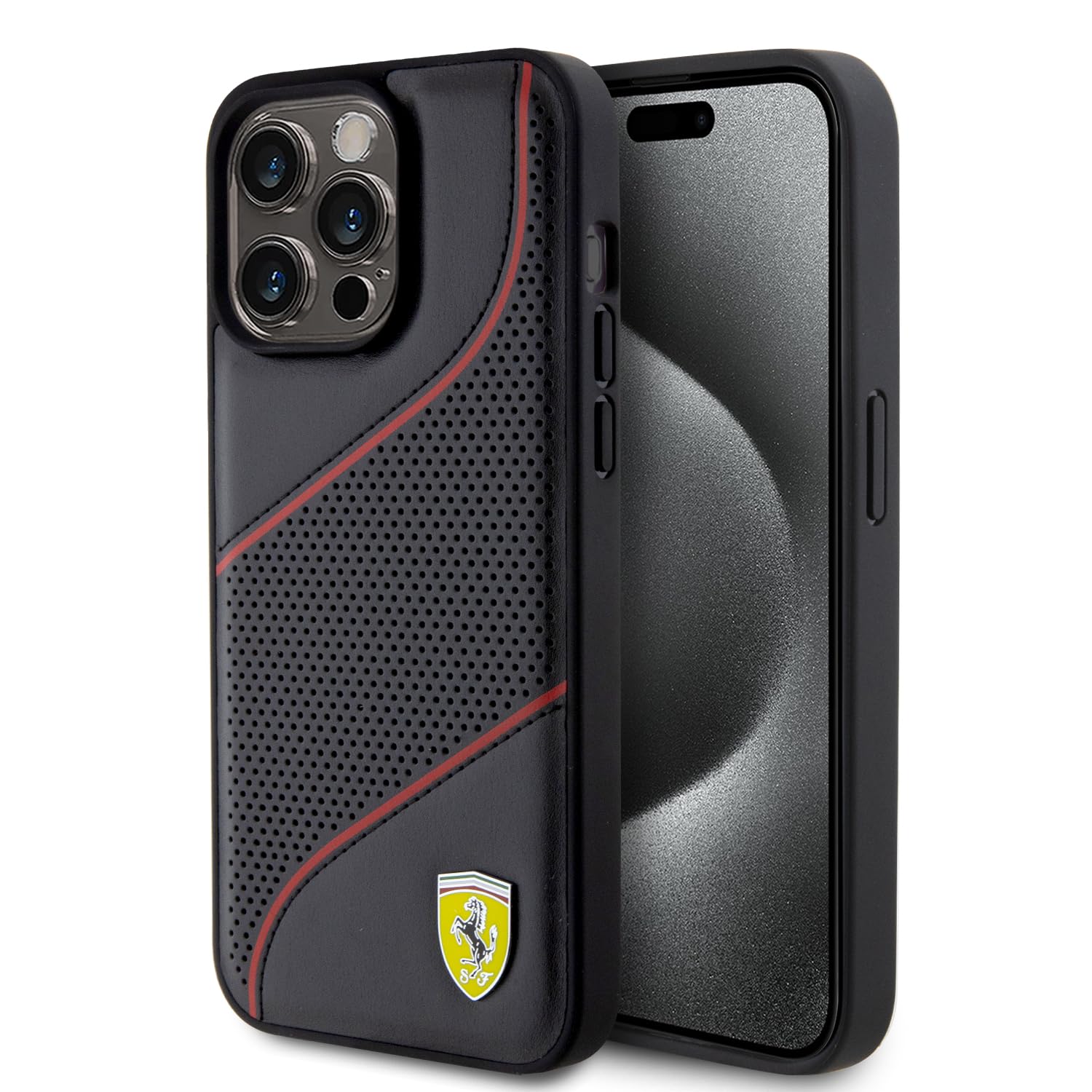 CG MOBILE Ferrari Kompatibel mit iPhone 15 Pro Max Hülle in Schwarz schräge Perforation PU Leder Anti-Kratzer Glatte Schutzhülle mit Easy Snap-on, Stoßdämpfung & Signature Logo, (FEHCP15XPWAK)