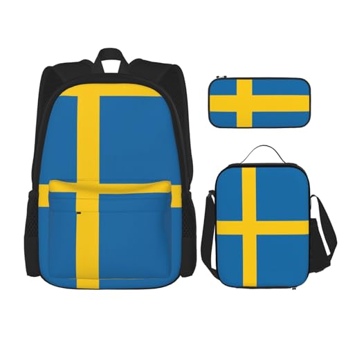 WURTON Schulter-Rucksack mit schwedischer Flagge, 3-in-1, Büchertaschen-Set, Lunchbox, Federmäppchen, Reise-Laptop-Tagesrucksäcke, Schwarz, Einheitsgröße