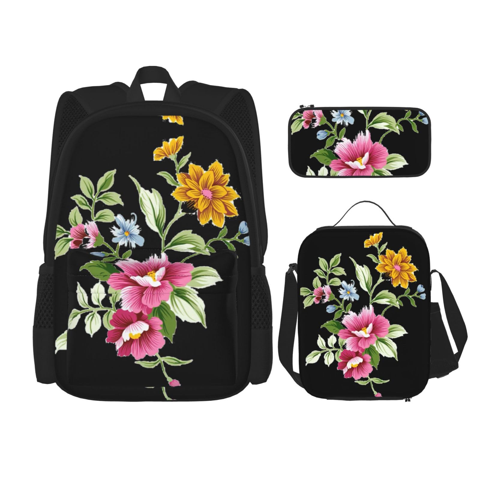 WURTON Handbemaltes Rucksack-Set mit Blumendruck, Schultasche mit Lunchtasche, Federmäppchen, Kombination, Schultaschen-Set