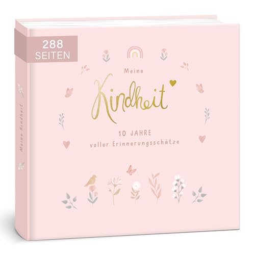 mintkind® "Meine Kindheit" Erinnerungsalbum Rosa Blumen Design I deine ersten 10 Jahre I Fotoalbum Kinder Geschenke zur Geburt Babybuch zum Eintragen | Tagebuch Kinder Album Erinnerungsbuch Geschenk