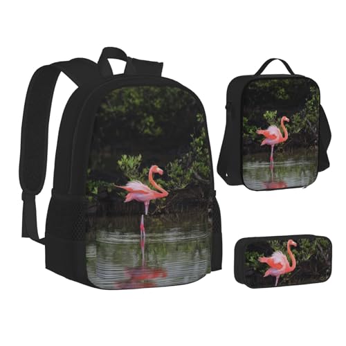 WURTON Büchertasche mit zwei Flamingo-Muster für Teenager, Federmäppchen, 3-in-1, Schulrucksäcke, Kinderrucksack, Zwei Flamingos, Einheitsgröße