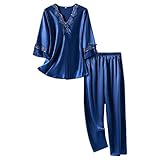 NP NP Stück Damen Pajama Sets Satin Seide Dreiviertelärmel Nachtwäsche Deep Blue, Medium