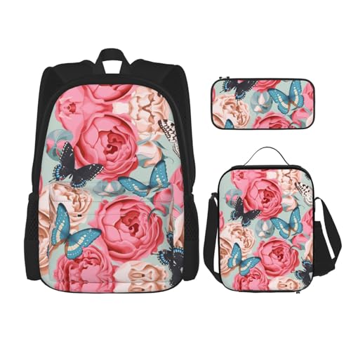 WURTON Schulrucksack-Set mit süßem Schmetterlings-Blumendruck, 3-in-1-Büchertaschen-Set mit Lunchbox, Federmäppchen, Reise-Laptop-Tagesrucksäcke