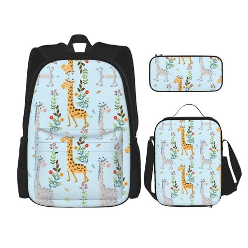 WURTON Süße Giraffe Blumen Druck Schulter Rucksack 3 in 1 Büchertasche Set Lunchbox Federmäppchen Reise Laptop Tagesrucksäcke, Schwarz, Einheitsgröße