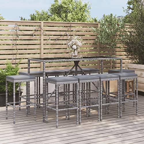 Juroupi 11-tlg. Gartenbar-Set mit Kissen Gartenbar Outdoor Bartisch Outdoor GartenmöBel-Sets Grau Poly Rattan