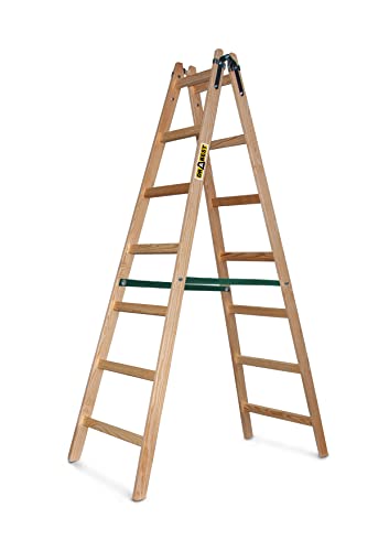 DRABEST - Holzleiter - für Malerarbeiten - 2X 7 Sprossen - m lang - bis 150 kg - Arbeitshöhe 2,11m 3,6 m - Klappbar - Tritt-, Bock-, Stehleiter - Beidseitig Begehbar, Imprägniert - mit Eimerhaken