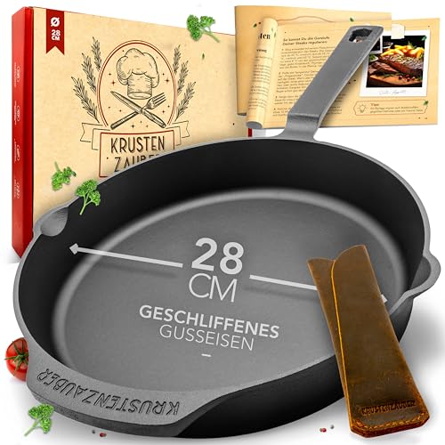 KRUSTENZAUBER 28cm Gusseisenpfanne Induktion - Fein Geschliffene Gusseisen Pfanne - Ideale Grillpfanne Induktion, Eisenpfanne, Cast Iron Pan, Bratpfanne, Gusseiserne Pfanne Skillet Gusspfanne