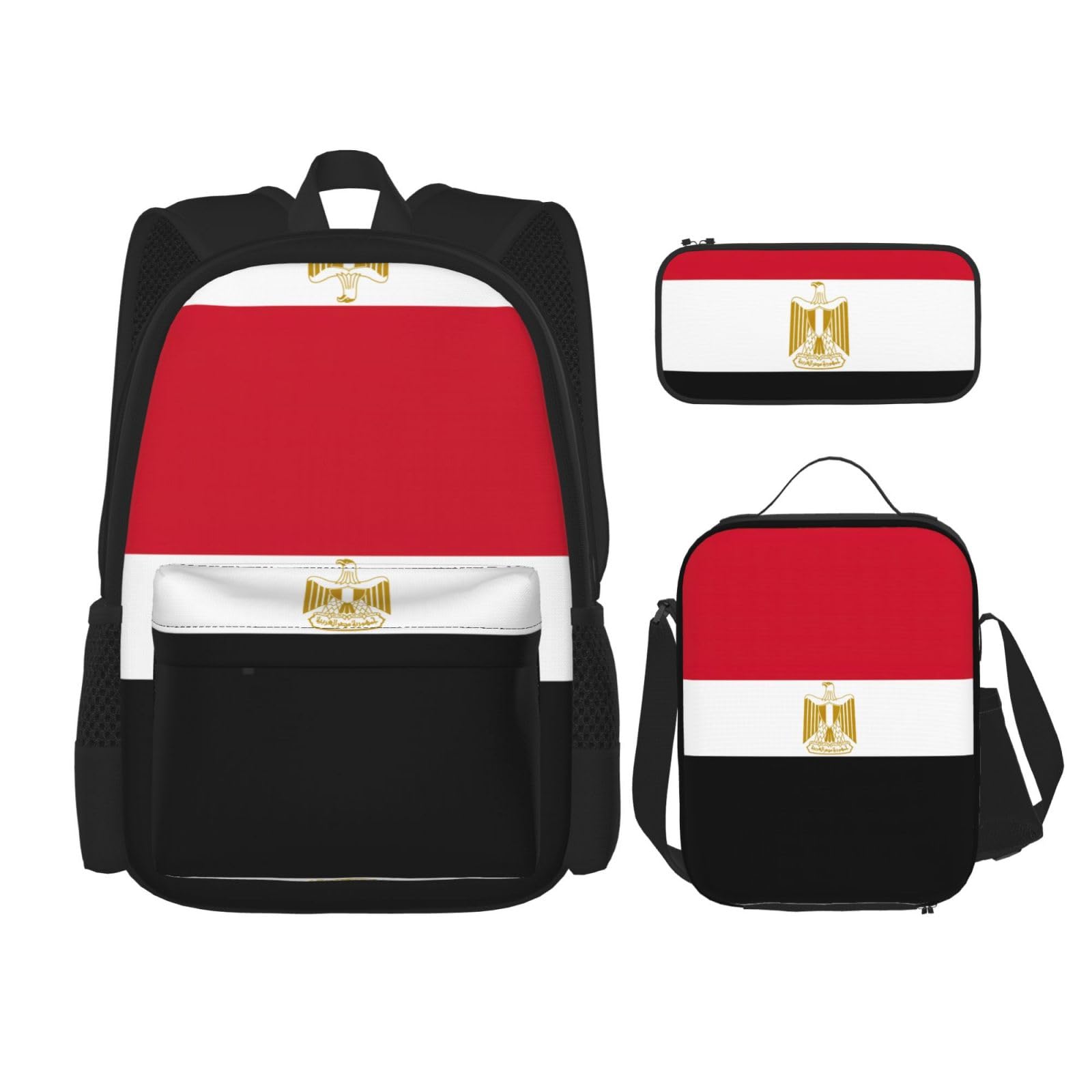 WURTON Rucksack-Set mit ägyptischer Flagge, Schultasche mit Lunchtasche, Federmäppchen, Kombination, Schultaschen-Set