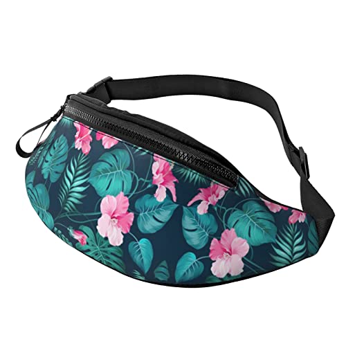 Hawaii Hüfttasche mit rosa Blumen für Damen und Herren, Hüfttasche, für Reisen, Yoga, Fitnessstudio, für Outdoor, Workout, Sport, Reisen, Laufen, Schwarz , Einheitsgröße