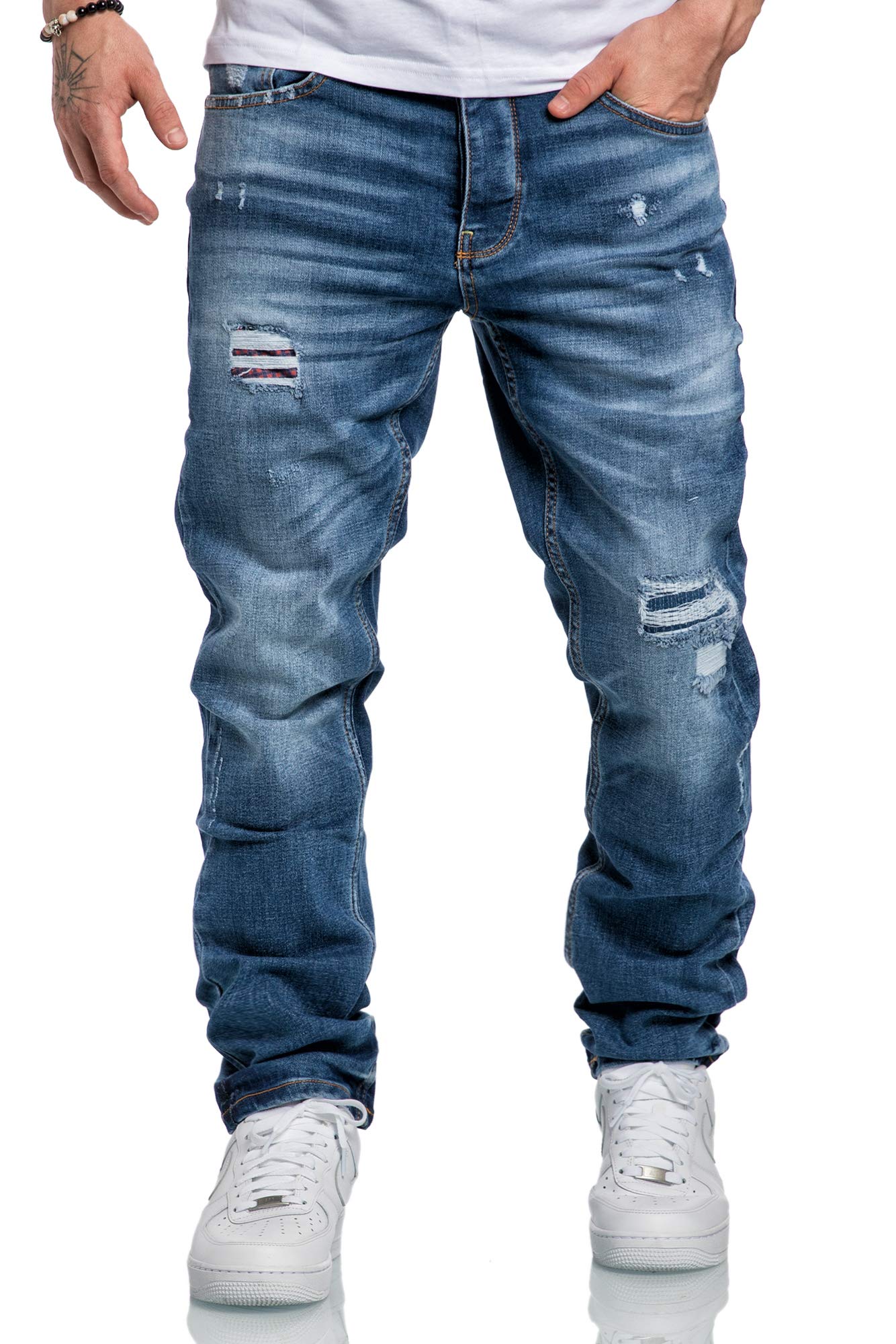 Amaci&Sons Herren Jeans Regular Straight Fit Denim Hose Destroyed 7984 Hellblau (Patches) W40/L34