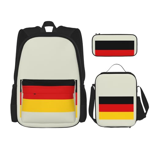 YQxwJL College-Rucksack-Set mit deutscher Flagge, Reise-Tagesrucksack-Set mit Lunchbox, Federmäppchen, für Damen und Herren, Schwarz , Einheitsgröße