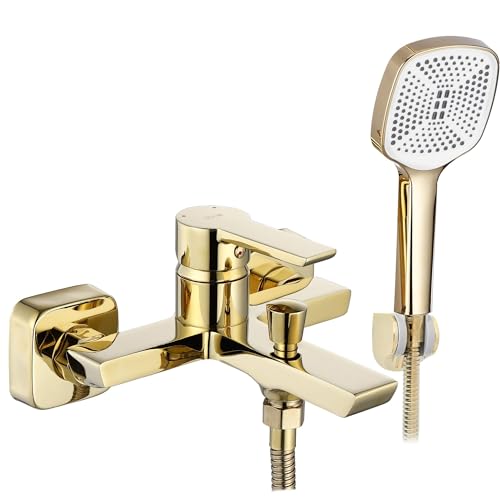 Rea ARGUS GOLD Badewannenarmatur Wasserhahn Badewanne Einhebel Wannenarmatur mit Handbrause Badarmatur aus Messing Mischbatterie (Gold)