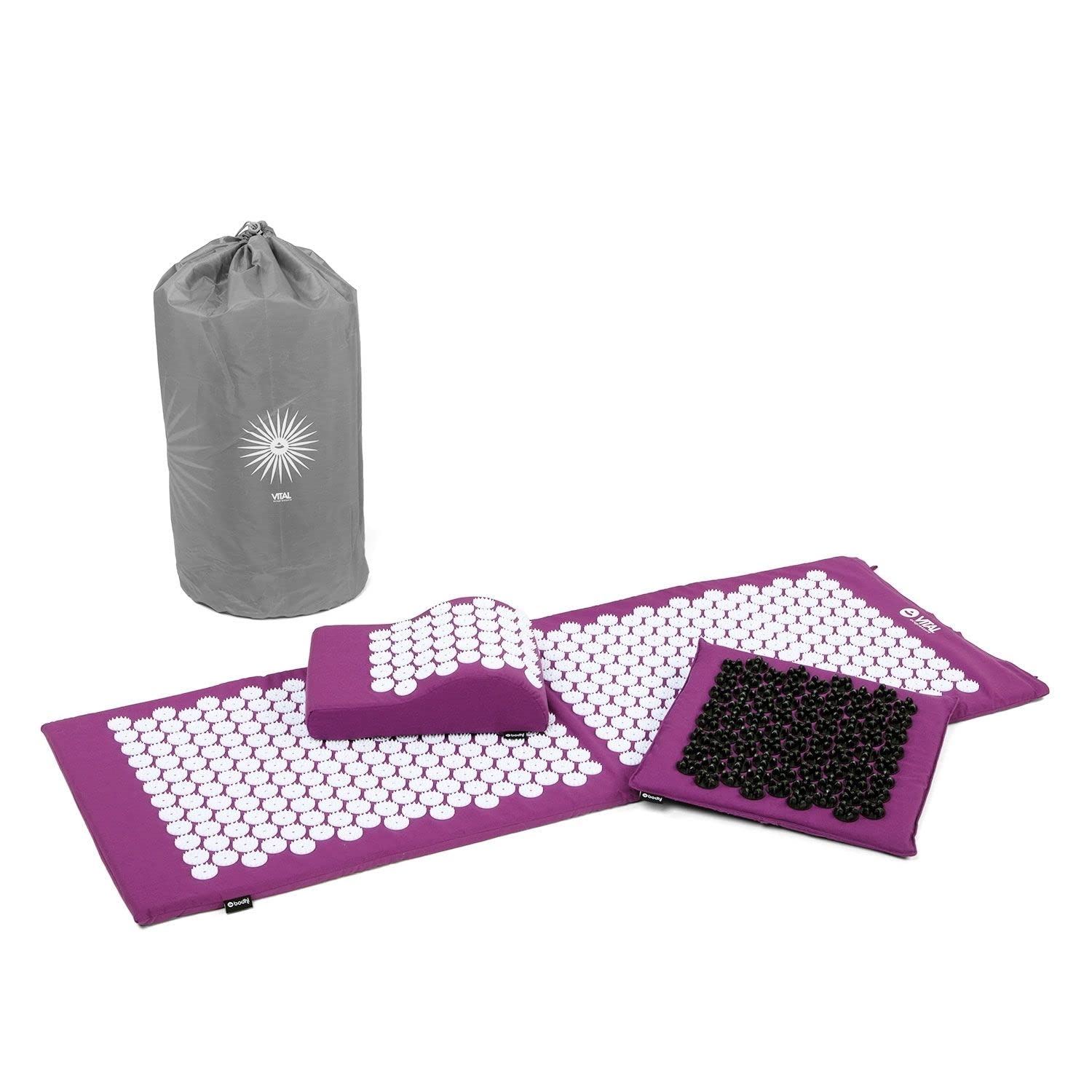 Bodhi VITAL Akupressurmatte XL Deluxe-Set Soft | Fakirmatte im Set mit Nadelkissen, Fußmatte & Tasche | Selbstmassage für zu Hause | Massagematte gegen Nacken & Rückenschmerzen | aubergine