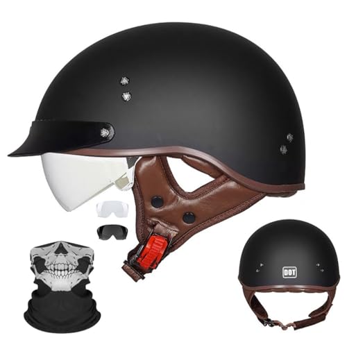 Motorrad Halbhelm Halbschalenhelm Mit Gesichtsschutz ECE-Zulassung Motorradhelm Brain Cap Einziehbaren InnengläSern Schnellverschluss Abnehmbares Waschbares Futter M-2XL 57-64CM